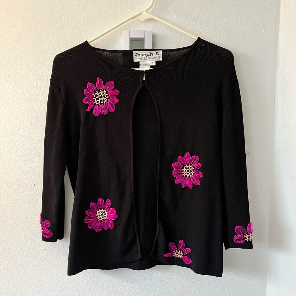 Joseph A Black Cardigan with Pink Floral Accents